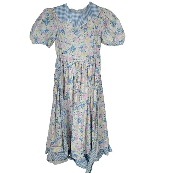 Rare Editions Vintage Girls Blue Floral Smocked Size 12 1/2 Floor Length‎ Dress - Picture 1 of 7